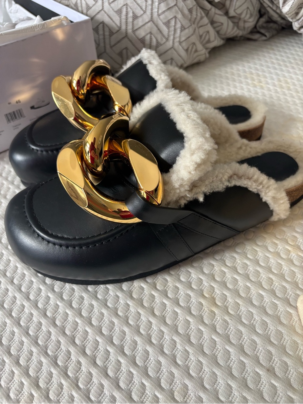 JW Anderson Black Shearling-Lined Slip-On Mules with Gold Chain Accent